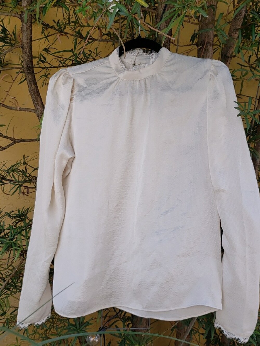 Express Cream High-Neck Lace-Trim Blouse • Romantic Blouse • Dressy casual top